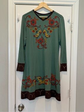 Double D Ranchwear Sage Green Beaded Floral Embroidered Tunic Dress S READ